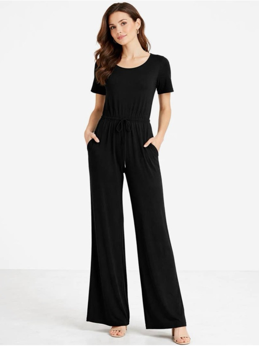 Bellatrix Black Short-Sleeve Wide-Leg Drawstring Jumpsuit